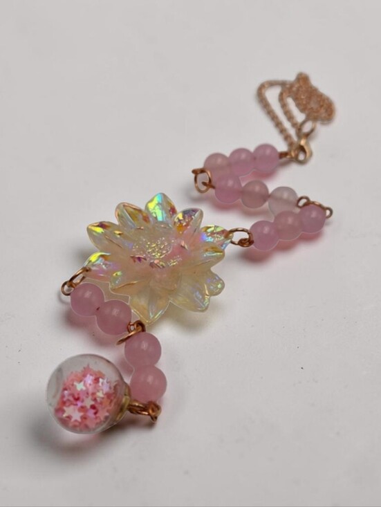 Handmade Accessories - Iridescent Floral Car Charm Pink Beads Hanging Mirror Decor Cute Handmade